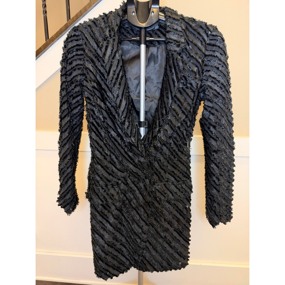 Boohoo Black Textured Fringe Chevron Longline Blazer Jacket Womens US 6 UK 10